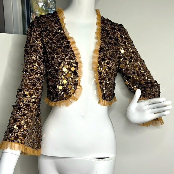 Betsey Johnson Tops - Betsey Johnson One Size Bronze Gold
Sequined Ruffled Open Bolero Shrug Jacket